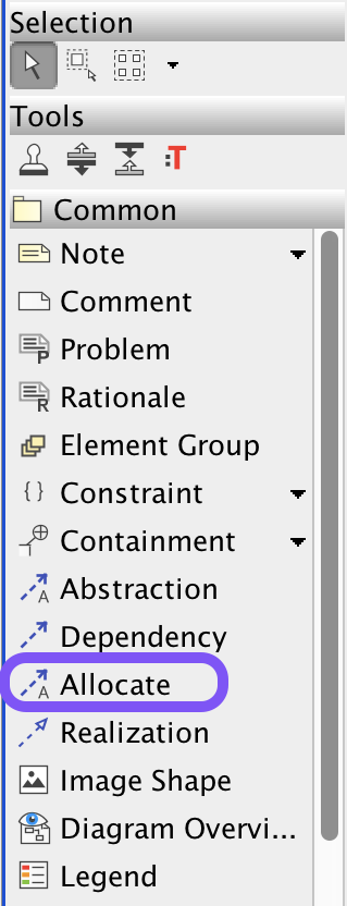 The Allocate relationship is available in all SysML diagram types under the Common sidebar menu group (but you can only use it to make allocations between elements that may appear in a given diagram).